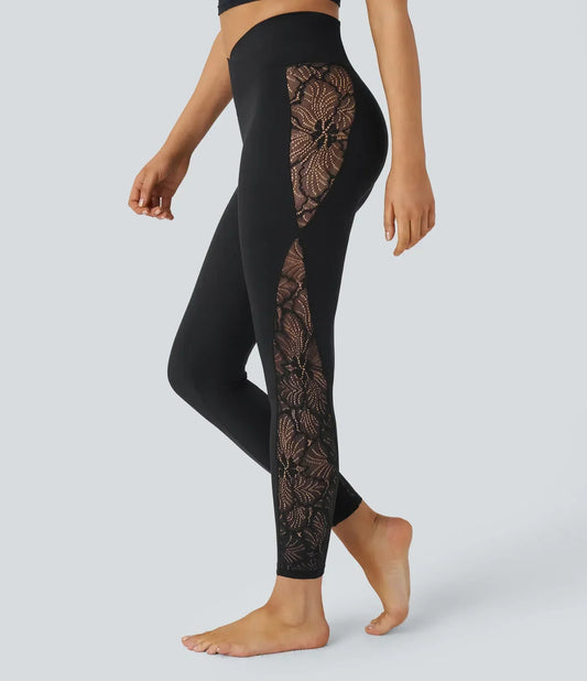 SoftlyZero™ High Waisted Crossover Contrast Lace Pocket Yoga Leggings-UPF50+