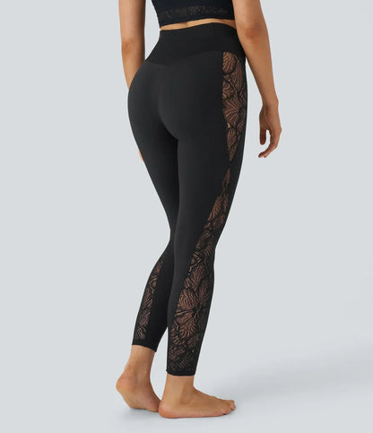 SoftlyZero™ High Waisted Crossover Contrast Lace Pocket Yoga Leggings-UPF50+