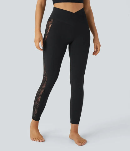 SoftlyZero™ High Waisted Crossover Contrast Lace Pocket Yoga Leggings-UPF50+