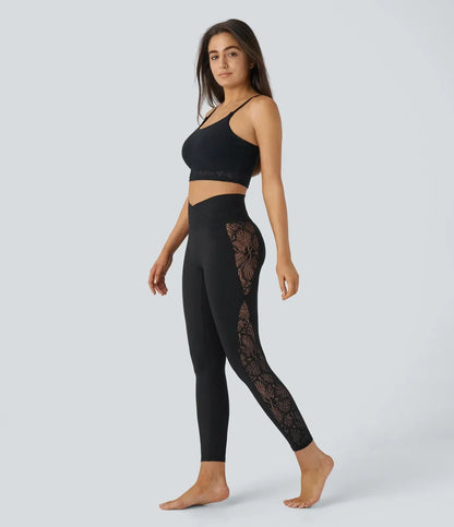 SoftlyZero™ High Waisted Crossover Contrast Lace Pocket Yoga Leggings-UPF50+