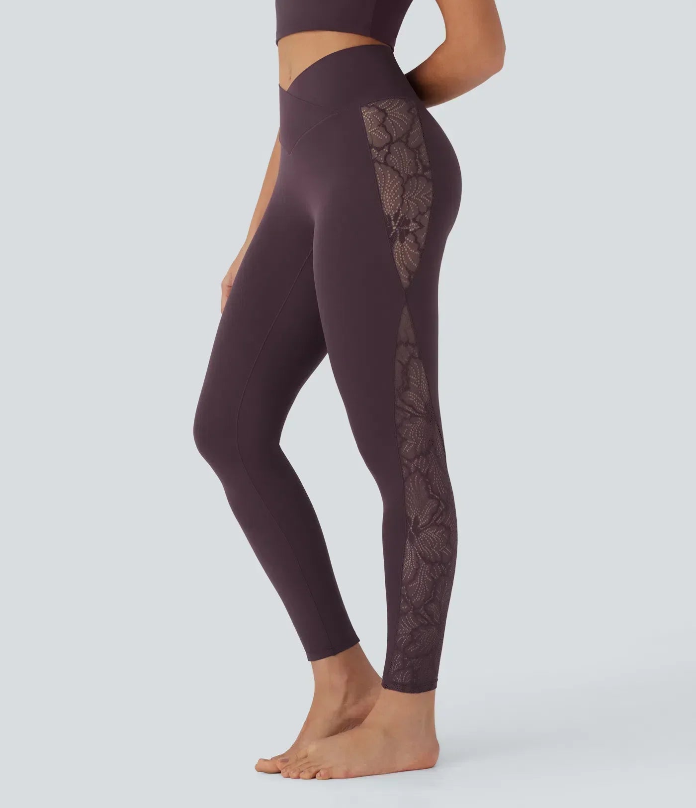 SoftlyZero™ High Waisted Crossover Contrast Lace Pocket Yoga Leggings-UPF50+